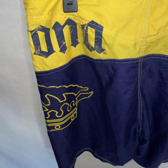 Corona Extra Board Shorts Men’s Size 34 Blue Yellow Drawstring Pocket Side - Picture 12 of 12